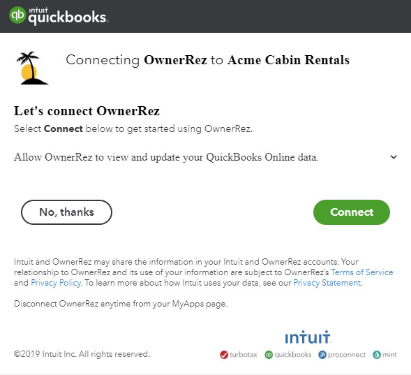 Image of a QuickBooks Online screen that is requesting permission to connect to OwnerRez.