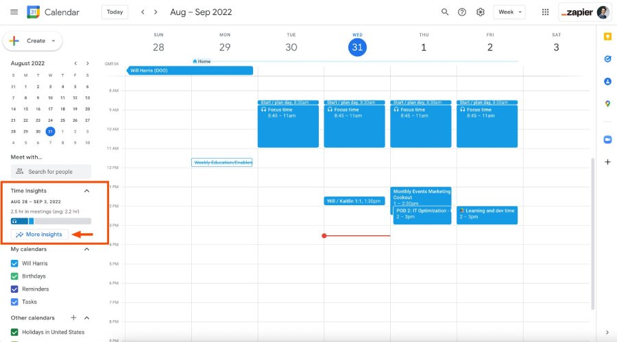 Google Calendar's time insights with breakdown.