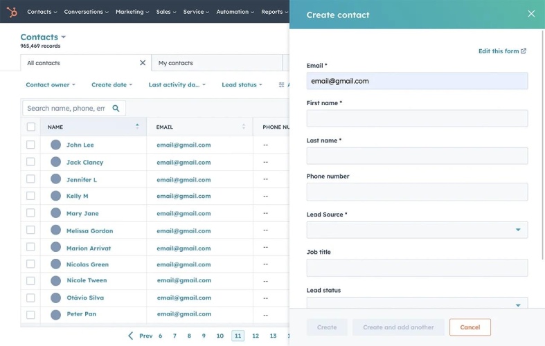 Creating a new contact record in HubSpot Sales Hub.