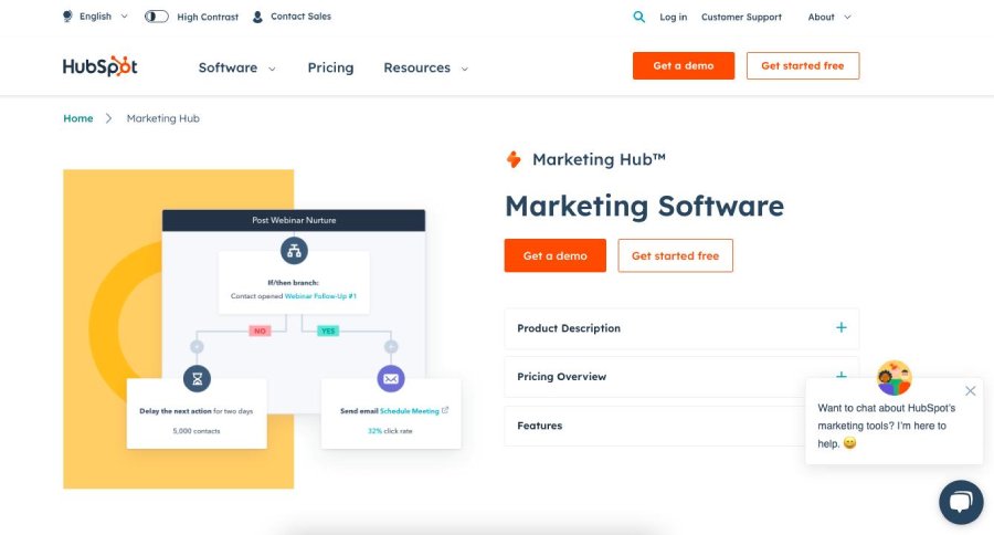 Marketing software page of Hubspot's website.