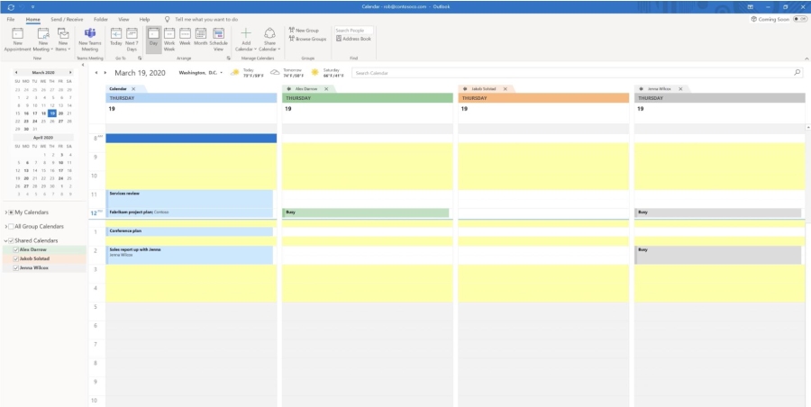 Microsoft Outlook interface showing calendars of multiple team members represented in different colors.