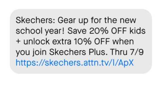 Sample SMS campaign from SKechers offering a limited-time discount.