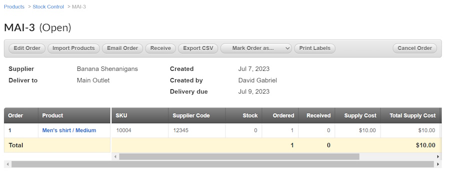 Completed purchase order summary screen.