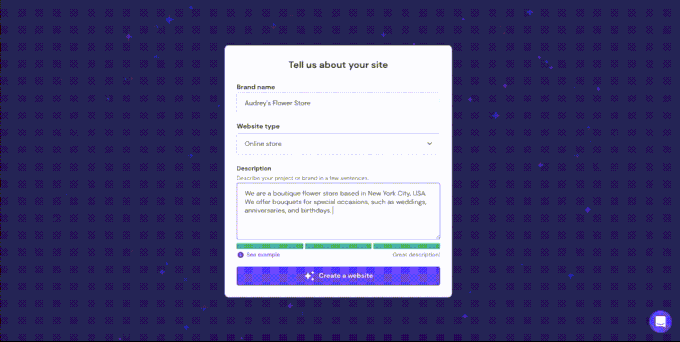 Hostinger's AI site builder generating a website from a text prompt.