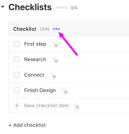 A screenshot of ClickUp's task checklist feature with an arrow pointing to the ellipsis option.