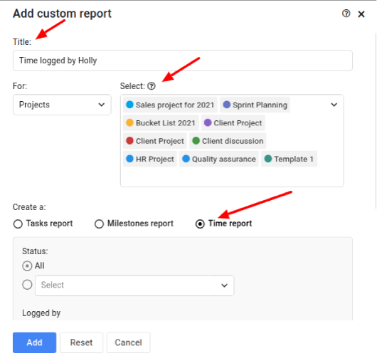 A screenshot of how to configure custom time report on ProofHub.