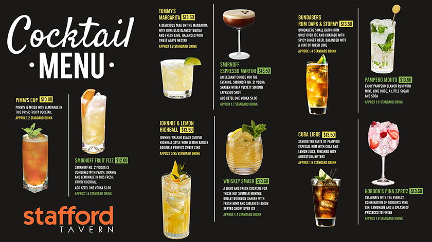 Cocktail menu from Stafford Tavern.