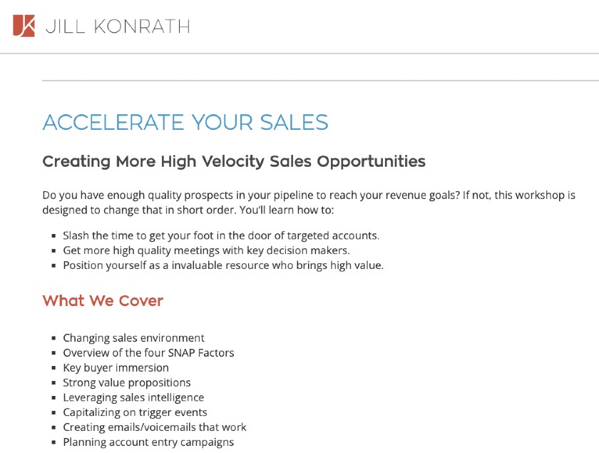 Jill Konrath's Accelerate Your Sales outline.