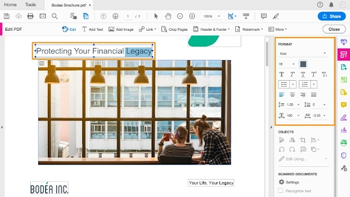 Screenshot of Adobe PDF editing text of document with image two people sitting in front of window