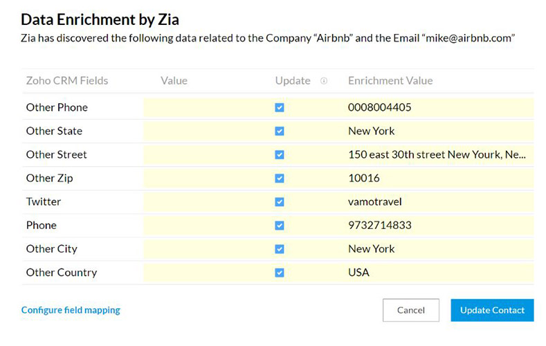 An example of the lead enrichment capabilities of Zoho CRM's smart sales assistant Zia.